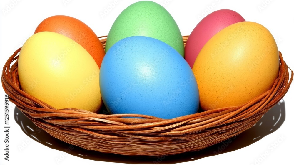 Naklejka premium Colorful Easter Eggs In Woven Basket Festive Spring Holiday Celebration Decor Tradition.