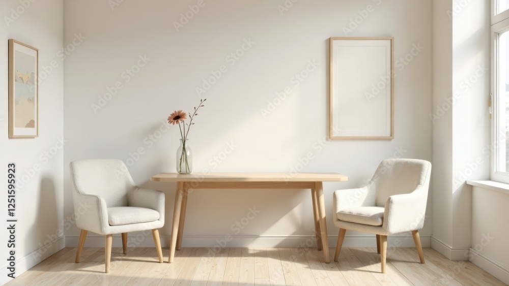 Light and Airy Minimalist Room Design Featuring Modern Wooden Table and Two Comfortable Armchairs
