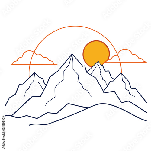 One continuous line drawing of mountain range landscape with color sun vector