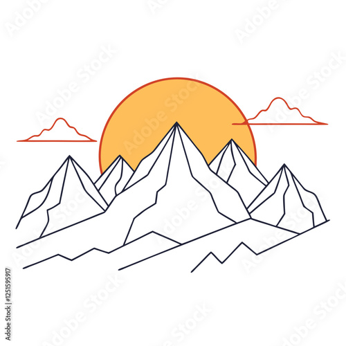 One continuous line drawing of mountain range landscape with color sun vector