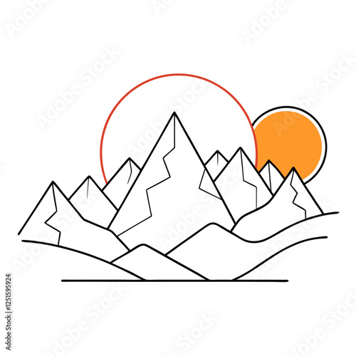 One continuous line drawing of mountain range landscape with color sun vector