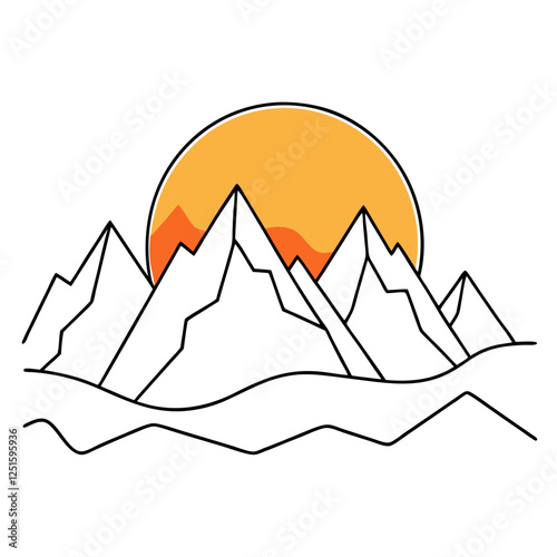 One continuous line drawing of mountain range landscape with color sun vector