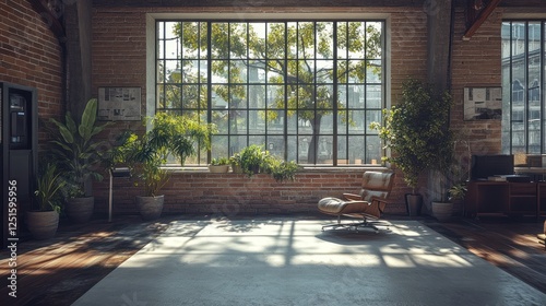 Loft apartment sunlit interior  city view  plants  armchair  relax