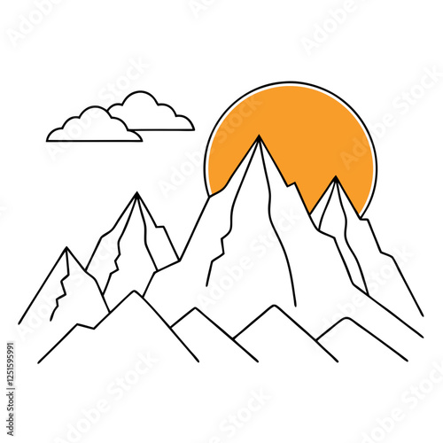 One continuous line drawing of mountain range landscape with color sun vector