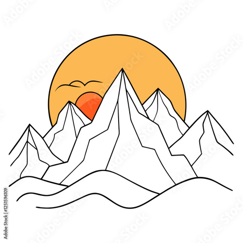 One continuous line drawing of mountain range landscape with color sun vector