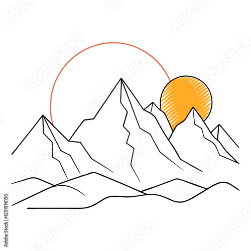 One continuous line drawing of mountain range landscape with color sun vector