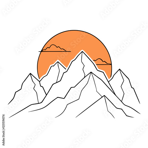 One continuous line drawing of mountain range landscape with color sun vector