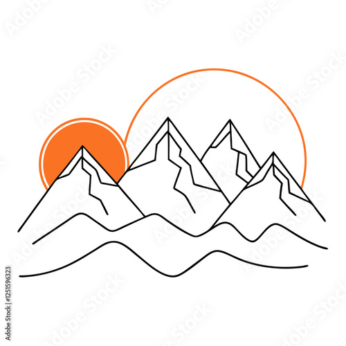 One continuous line drawing of mountain range landscape with color sun vector