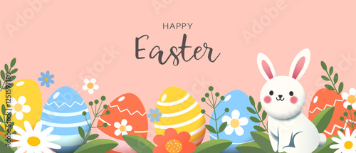 A Cheerful and Colorful Celebration of Easter Featuring Colorful Eggs and a Cute Bunny