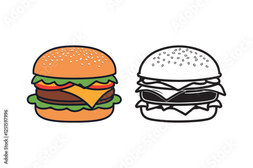 Tasty Cheeseburger Clipart in Full Color and Outline Style