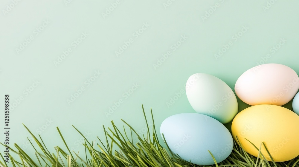 Colorful Easter Eggs Nestled in Vibrant Green Grass Against Light Green Background. Colorful Easter Eggs Nestled in Vibrant Green Grass Against Light Green Background.