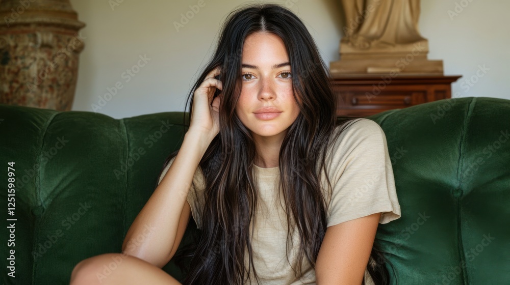 A young woman wearing a soft beige t-shirt. Relaxed pose, gentle expression, slight hand touch to the face. A young woman wearing a soft beige t-shirt. Relaxed pose, gentle expression, slight hand touch to the face.