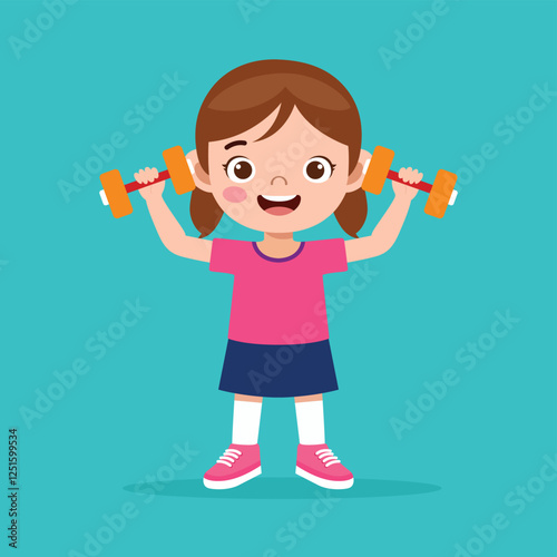 Cute Girl Lifting Dumbbell, Fitness Workout Flat Vector Illustration