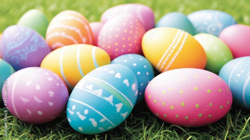 Colorful Easter Eggs on Green Grass Celebrating Spring Holiday Season Fun And Decoration. Colorful Easter Eggs on Green Grass Celebrating Spring Holiday Season Fun And Decoration.