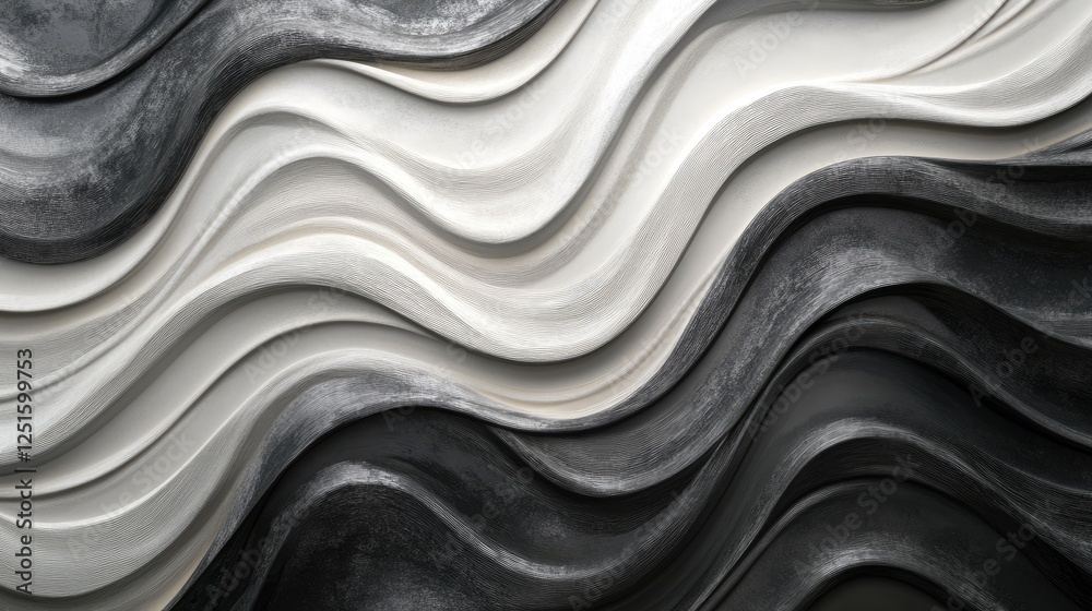 Obraz premium Black, white, and dark gray gradient with a smooth wave effect, noise grain texture, and modern metallic appeal.