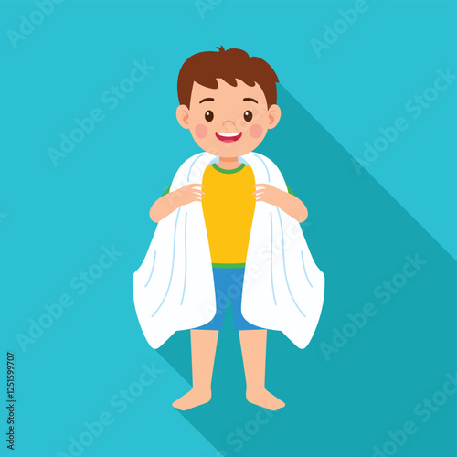 Little Kid Drying Body with Towel After Bath – Cute Flat Vector Illustration