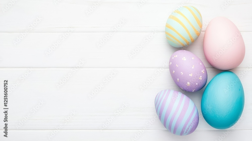 Obraz premium Colorful Easter Eggs on White Wooden Planks Top View Festive Still Life Composition Flat Lay.