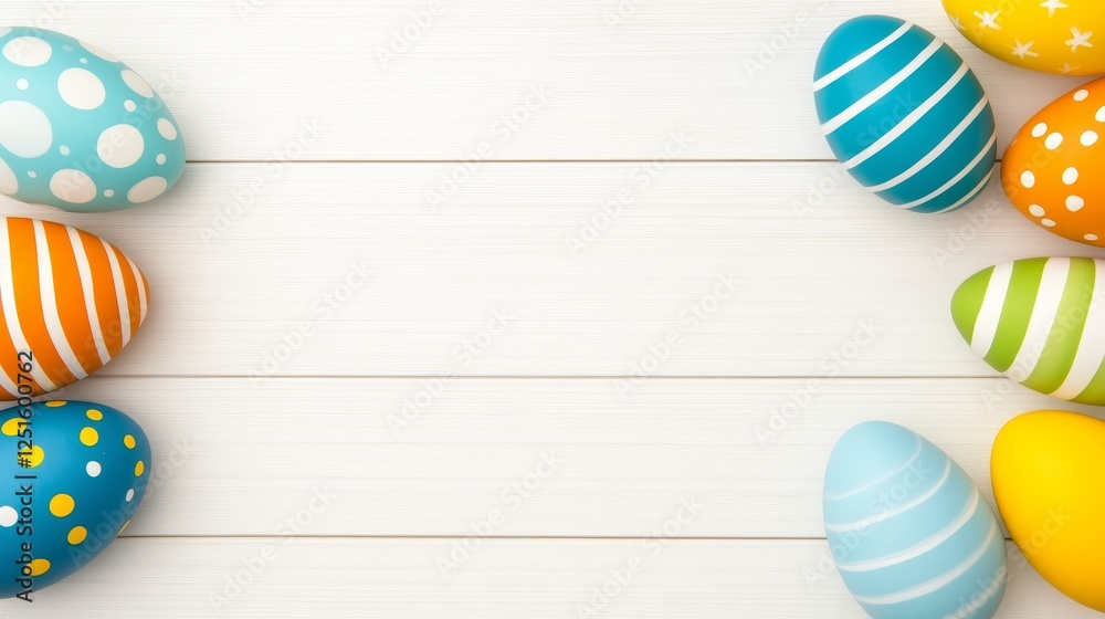 Colorful Easter Eggs on White Wooden Surface Spring Holiday Decorations Festive Scene. Colorful Easter Eggs on White Wooden Surface Spring Holiday Decorations Festive Scene.