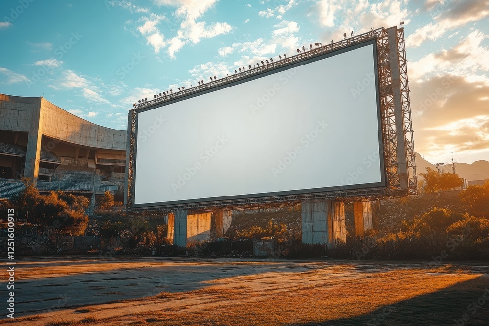 Large Empty Billboard Displaying Clean White Background in Stadium Large Empty Billboard Displaying Clean White Background in Stadium