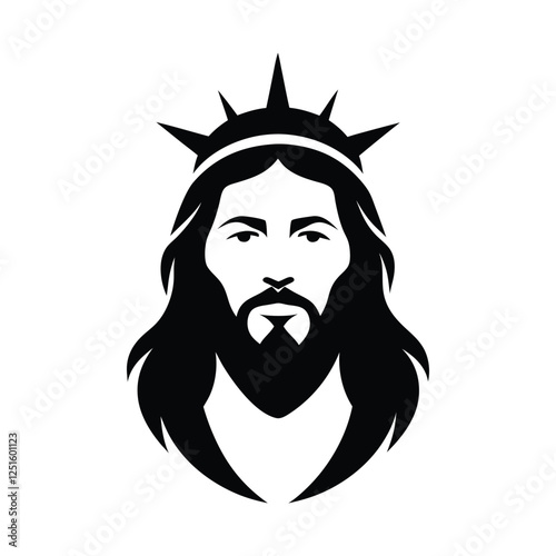 Jesus head wearing crown of thorns silhouette vector illustration.