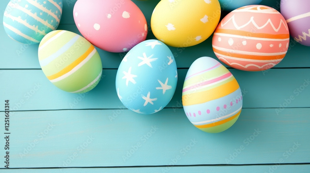 Colorful Easter Eggs Painted with Unique Patterns on Light Blue Wooden Surface Festive Still Life. Colorful Easter Eggs Painted with Unique Patterns on Light Blue Wooden Surface Festive Still Life.