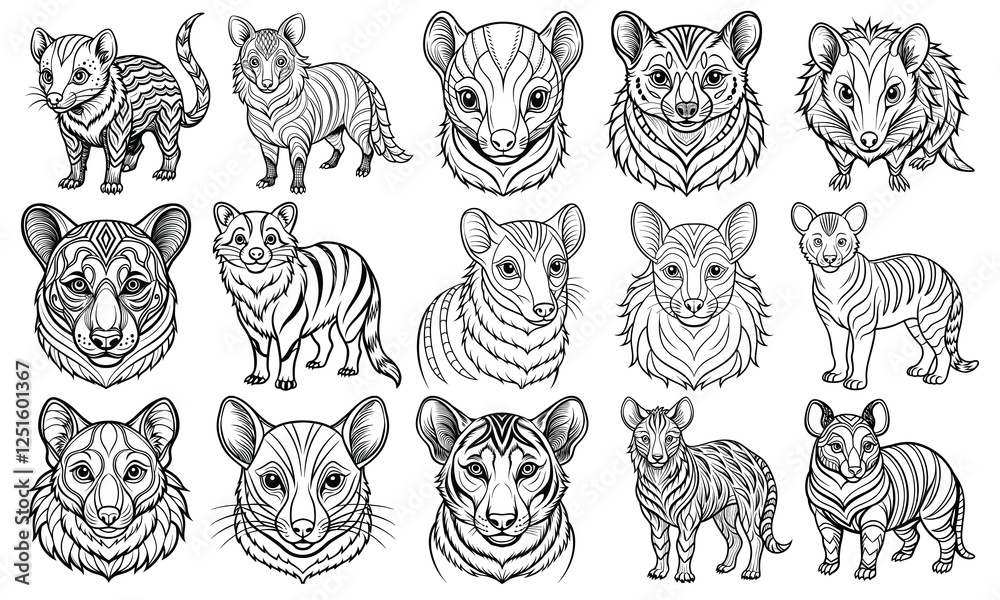 Obraz premium Mammal Coloring Page for Kids in Detailed Hand-Drawn Style, Adults in Line Art, Perfect for Children's Activity Books or Toddler Fun. Isolated on White Background, Ideal for Art Practice.