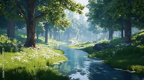 Sunlit Stream in a Lush Summer Forest: 3D Render AI Generated