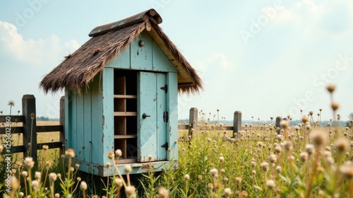 Rustic blue birdhouse with thatched roof, standing in a field of wildflowers near a weathered fence under a bright summer sky