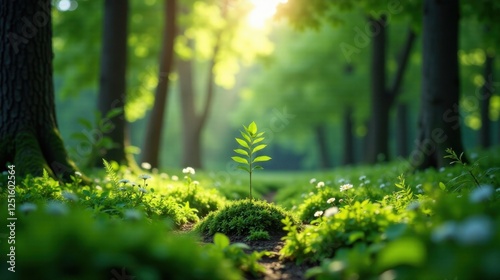A young sapling thrives in a sunlit forest clearing, surrounded by vibrant flora
