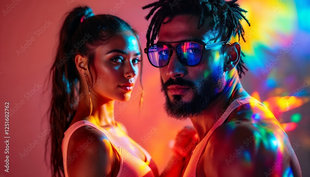 Obraz premium Fashionable Couple Portrait with Neon Lighting and Bold Style Statement