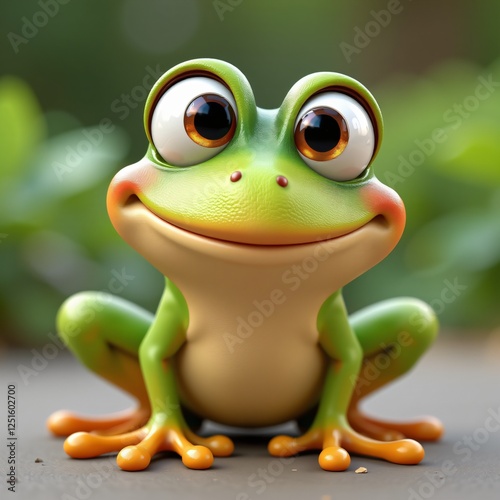 Cheeky 3D frog with animated, comical smile - Whimsical character with exaggerated facial features and a vibrant, playful design photo