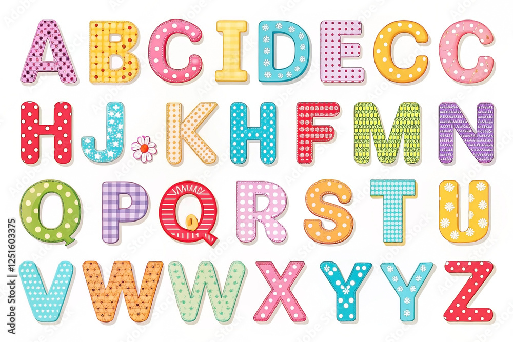 Colorful patterned alphabet letters, white background, educational use Colorful patterned alphabet letters, white background, educational use