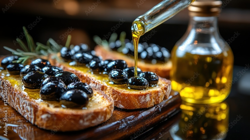 Olive oil drizzled on olives and bread, kitchen, restaurant Olive oil drizzled on olives and bread, kitchen, restaurant
