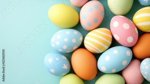 Colorful Easter Eggs with Dots and Stripes Pattern on Light Blue Surface Artistic Flat Lay.