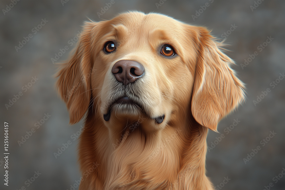 Obraz premium Portrait of a Golden Retriever showcasing its expressive eyes and soft coat against a textured background in a serene indoor setting