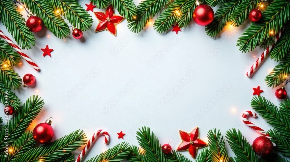 Festive Holiday Border with Evergreen Branches, Ornaments, and Candy Canes on a White Background Festive Holiday Border with Evergreen Branches, Ornaments, and Candy Canes on a White Background