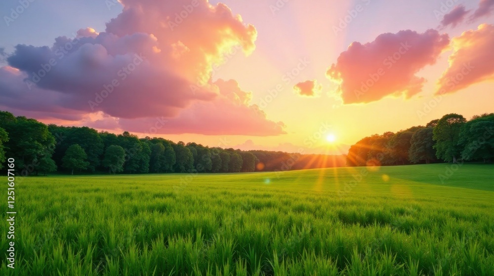 Obraz premium Serene Sunset over Verdant Meadow with Silhouetted Trees