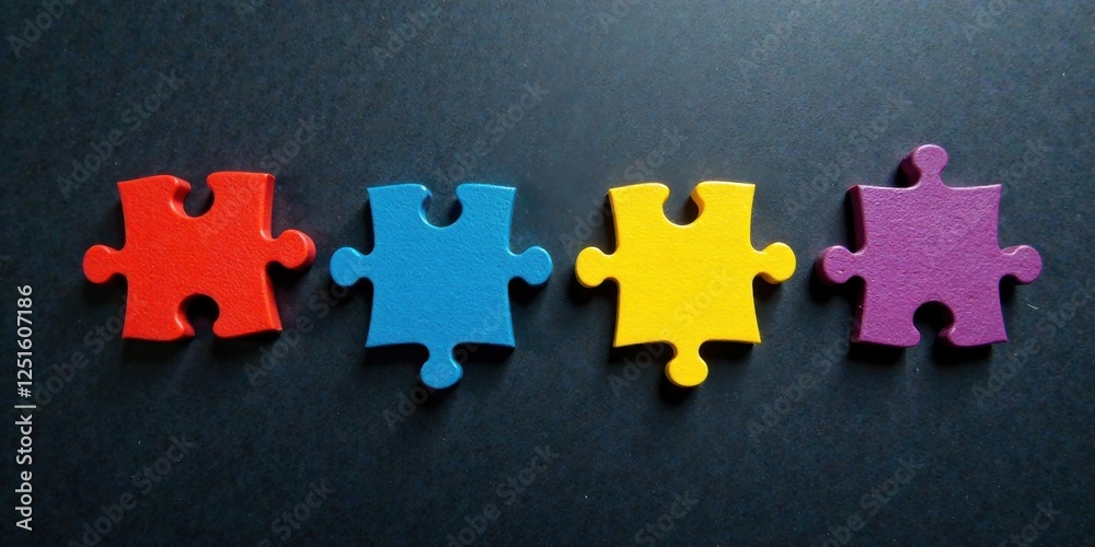 Fototapeta premium Colorful Jigsaw Puzzle Pieces Arranged in a Row on Dark Surface Representing Teamwork and Collaboration