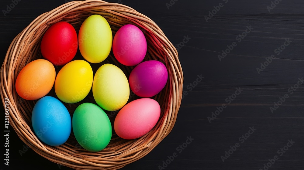 Colorful Eggs In Woven Basket On Dark Surface Top View Easter Celebration Bright Festive Holiday. Colorful Eggs In Woven Basket On Dark Surface Top View Easter Celebration Bright Festive Holiday.