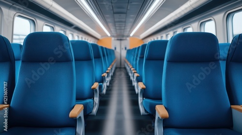 Modern train interior with empty blue seats and sleek design creating a sense of spaciousness and comfort