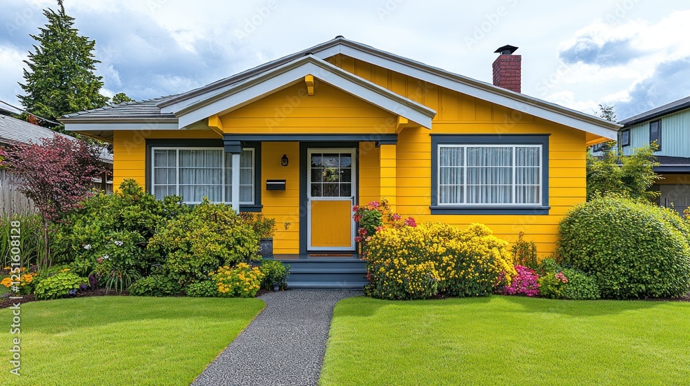 Yellow house, sunny suburb, landscaping, sale Yellow house, sunny suburb, landscaping, sale