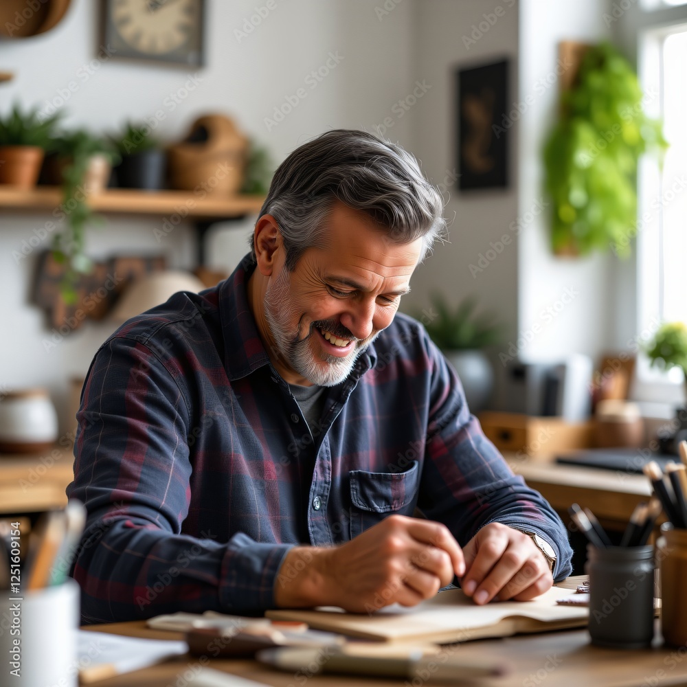 Satisfied man enjoying a hobby or passion project, feeling accomplished and content Satisfied man enjoying a hobby or passion project, feeling accomplished and content