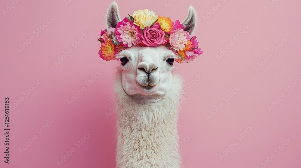 Fototapeta premium A beautifully styled llama with a vibrant floral crown, standing gracefully against a warm pink backdrop.