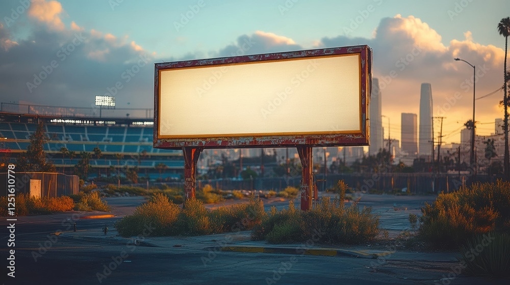 Large Blank Billboard on Urban Landscape with Sunset Background Large Blank Billboard on Urban Landscape with Sunset Background