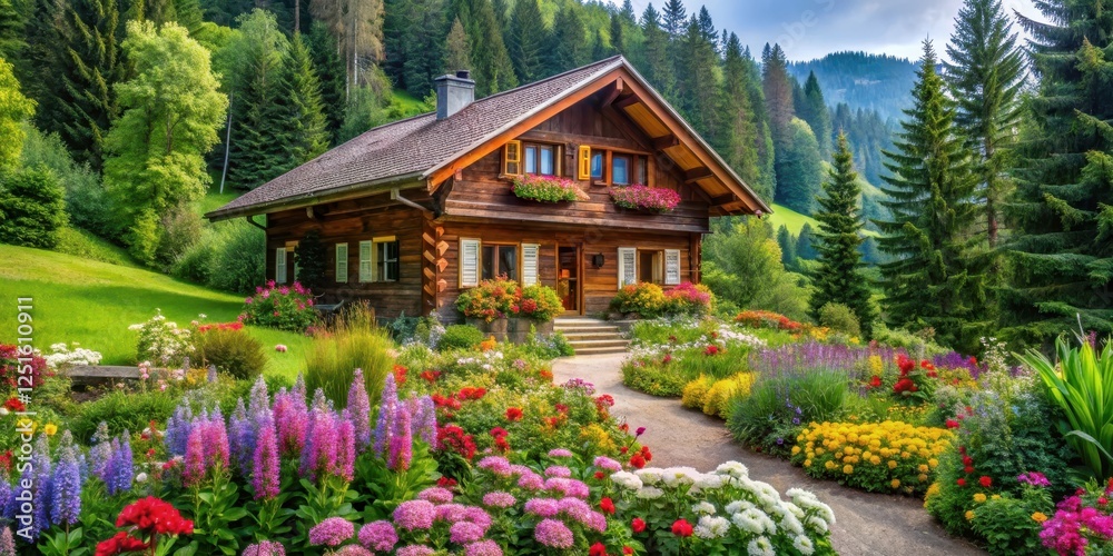 Obraz premium A serene Alpine style house nestled among vibrant flowers and lush greenery in a dense forest surroundings, peaceful, rustic
