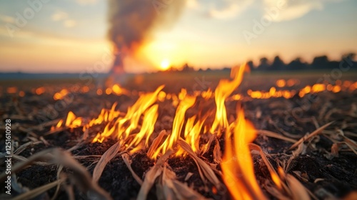 Field fire sunset stubble burning environmental damage photo