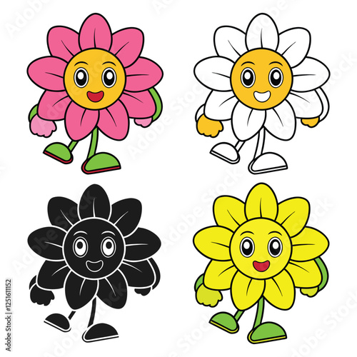 Cartoon Style Flower Vector Design Cute  Colorful Floral Clipart Draw Blossom Illustration Digital Flower Butterfly Art for Stickers, T-Shirts, Logos High-Quality Vector Graphics
