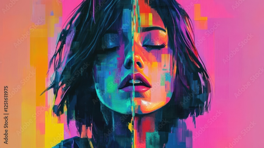 Fototapeta premium Abstract Colorful Woman Portrait, Digital Art, Pink Background, Website Banner