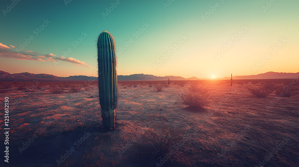 Solitary Resilience: A Breathtaking Cactus Standing Tall in a Vibrant Desert Landscape at Sunset Solitary Resilience: A Breathtaking Cactus Standing Tall in a Vibrant Desert Landscape at Sunset