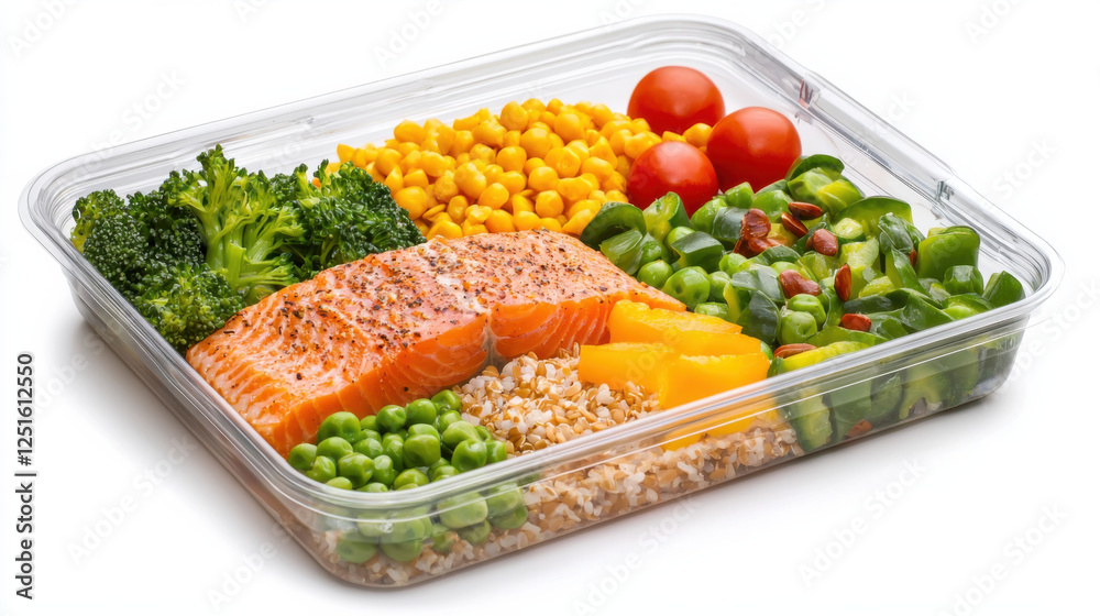 Healthy meal prep container with salmon, vegetables, and grains
